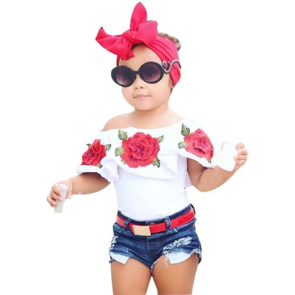 

2019 new toddler kids baby girls summer t-shirt fashion off shoulder rose flower t shirt outfits clothes #yl5, White
