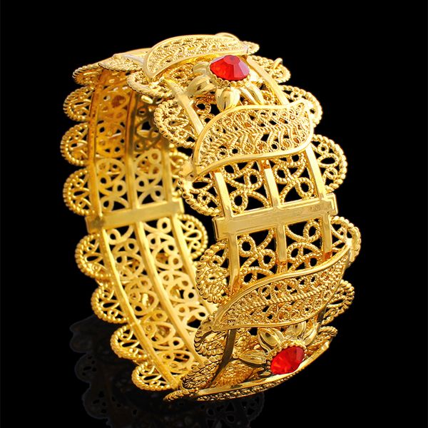 Bracciale largo in rame africano Bracciale grande Real 24 k Fine Solid Gold Yellow Filled HIP Donna Red CZ leaf knit Dubai Accessori per gioielli di marca