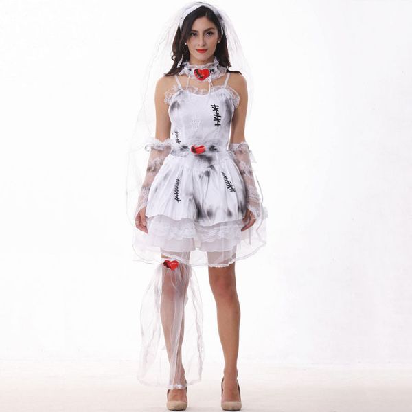 

halloween costume for women zombie bride cosplay white fancy dress carnival party female girls suit, Black;red