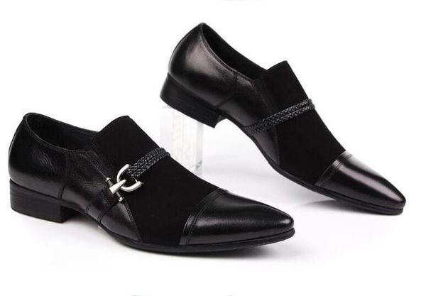 

men's genuine leather dress shoes fashion buckle drawstring patchwork design flats pointed-toe slip-on height increasing shoes, Black