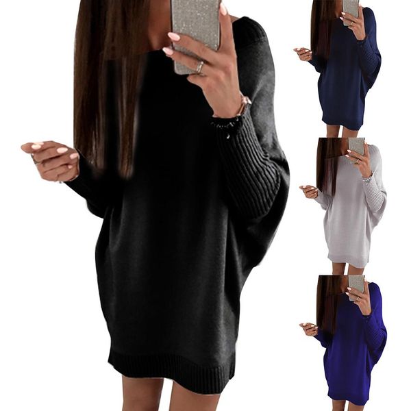 

2019 autumn winter sweaters women sweater dress long sleeve boat neck plus size loose sweater mini dress ladies sweaters, White;black