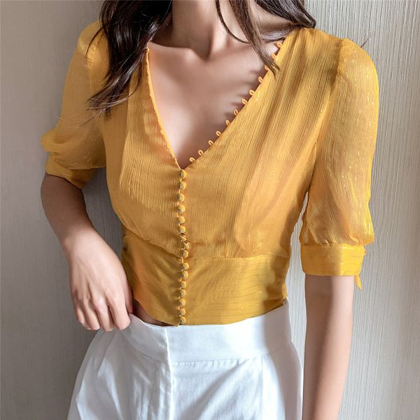 

women's blouses & shirts 2021 spring summer blouse yellow gold line stripes v-neck shirt lady slim waist female silk lace-up sleeve top, White