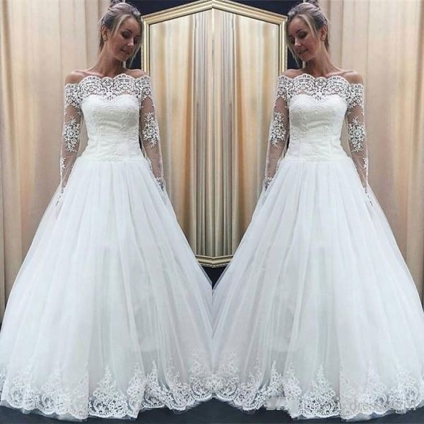 

Off-Shoulder Illusion Long Sleeves 2018 New Wedding Dresses Lace Tulle Pleats A Line Wedding Gowns High Quality