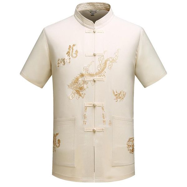

2020 men summer stand collar short sleeve shirt fashion dragon design embroidered dragon shirt, White;black