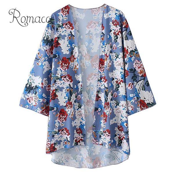 

romacci 2019 new summer women chiffon kimono floral print 3/4 sleeve sunproof cardigan coat boho beachwear bikini cover ups, White