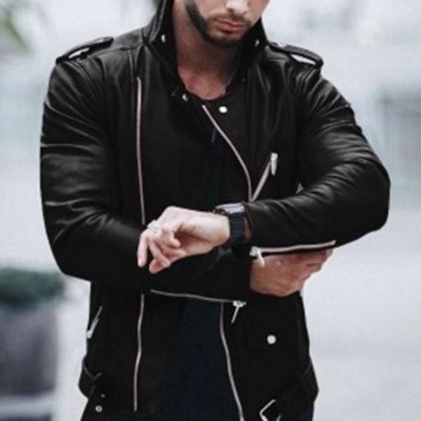 

leather jackets men autumn long sleeve stand collar jackets winter zipper mont black wine red faux leather coats, Black;brown