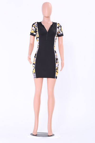 

women skirts autumn v neck zipper contrast short clothes dresses short sleeved dress size s-xl, Black;gray
