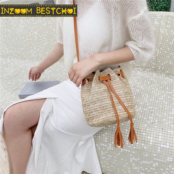 

женщины-бич crossbody лето ротанг сумки плеча ручной работы вязаная путешествий многофункциональный drawstring сумка 2019 новый bolsos mujer