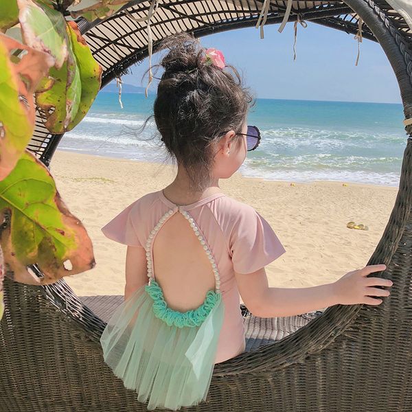 

ins kids girls princess swimwear summer pearl hollow out back flower tulle holiday spa bathing suit children swimsuits c6288, Black