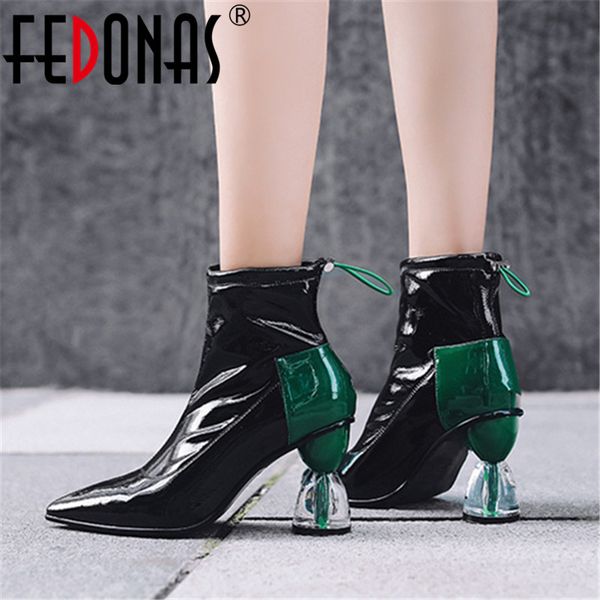 

fedonas brand mixed colors cow patent leather women ankle boots pointed toe strange heels short boots night club shoes woman, Black