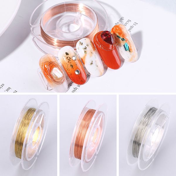 

3pcs copper wire nail art decoration line diy design 3d tips gold silver rose gold rhinestones jewelry manicure supplies, Black