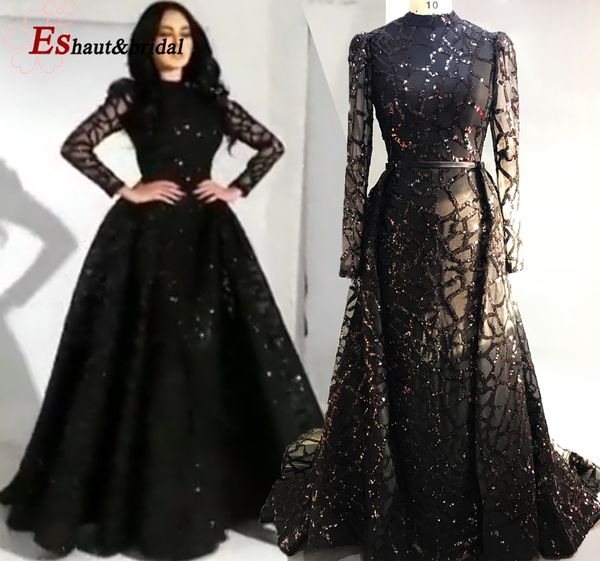

2019 dubai black/burgundy sequins mermaid evening dress long sleeves high neck detachable cape prom party gowns, White;black