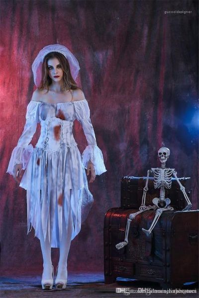 

halloween party dress with ribbon digital printed long sleeved white uniforms cosplay ghost bride costume, Black;red