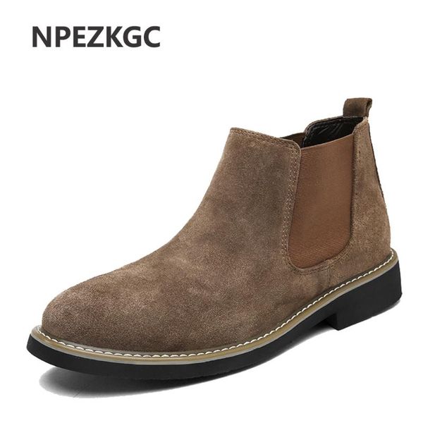 

npezkgc autumn fashion casual for men ankle boots male shoes cow suede leather quality slip ons motorcycle man boots, Black