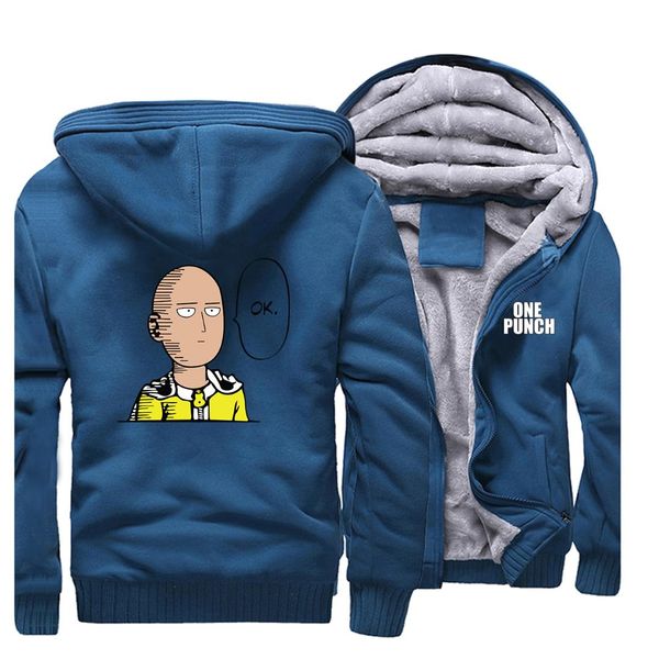 

one punch man hoodies saitama streetwear japanese anime men sweatshirt 2019 winter zipper coats casual fleece warm male jacket, Black