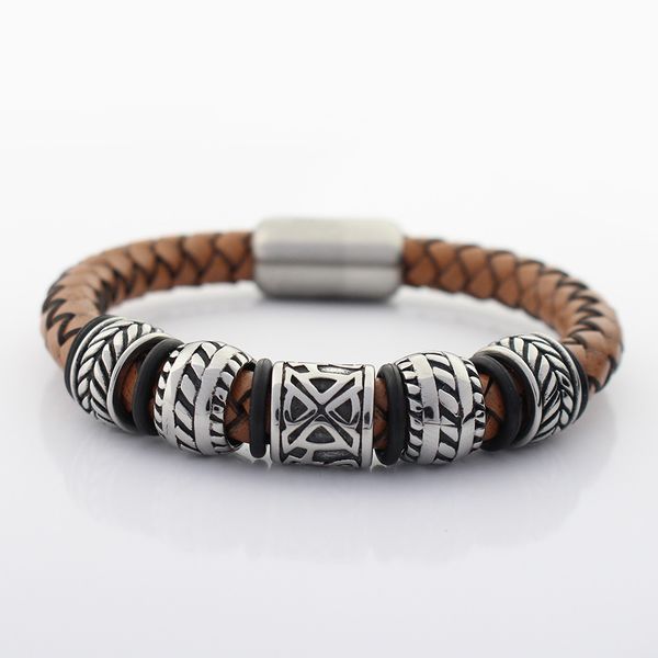 

men wristband 8mm genuine braided leather bracelet never fade stainless steel charms viking bead bracelets with magnet clasp, Golden;silver