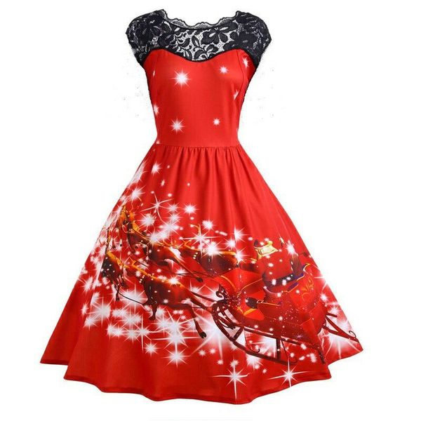 

wipalo 2018 christmas plus size women's lace stitching slim print large swing dress sleeveless o neck party dress vestidos robes, Black;gray