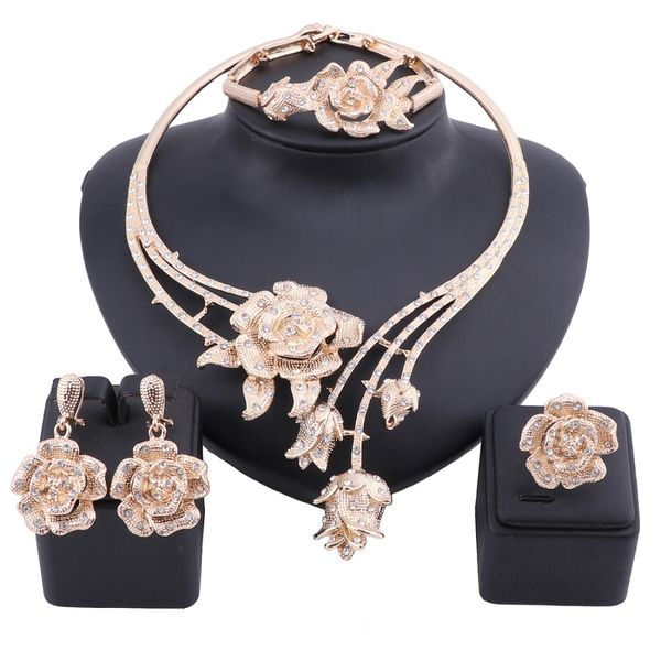 

new women dubai gold color statement flower crystal wedding accessories necklace earring ring bangle jewelry set, Slivery;golden