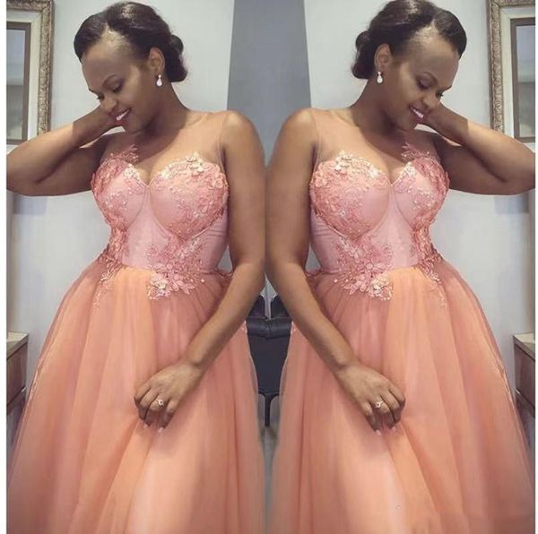 

peach wedding guest prom dresses a line sheer jewel neck floral appliques lace bridesmaid dresses plus size african formal wear, White;pink