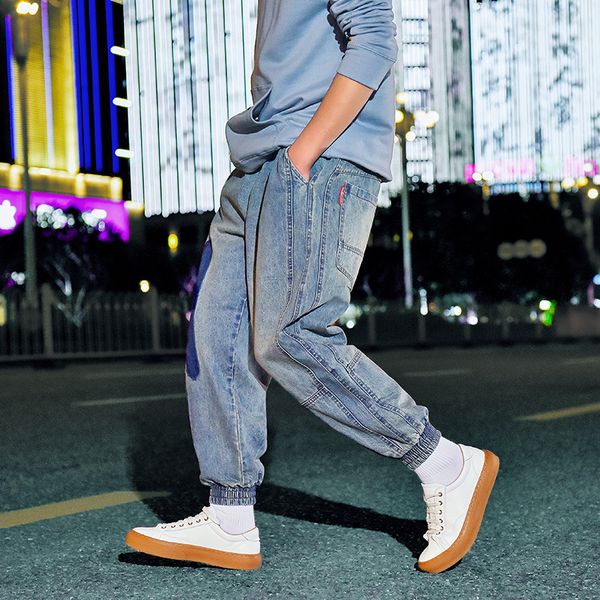 

2019 spring new men's pants trend jeans loose harem retro versatile streetwear tooling hip hop thick cotton japan style blue