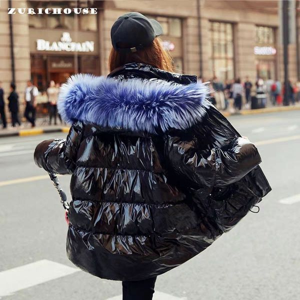 

zurichouse glossy winter coats woman hooded multicolour natural raccoon fur parka female thicken 90% white duck down jacket, Black