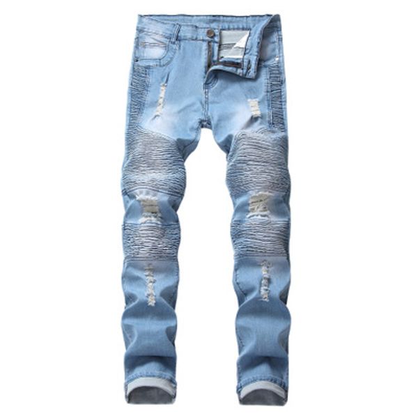 

new fashionable men's motorcycle ripped high street jeans slim stretch light-colored men's wear small foot casual jeans pants sale, Blue