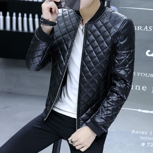 

autumn & winter thick men solid color baseball collar pu leather cotton-padded clothes youth hong wave casual cotton-padded clot, Black