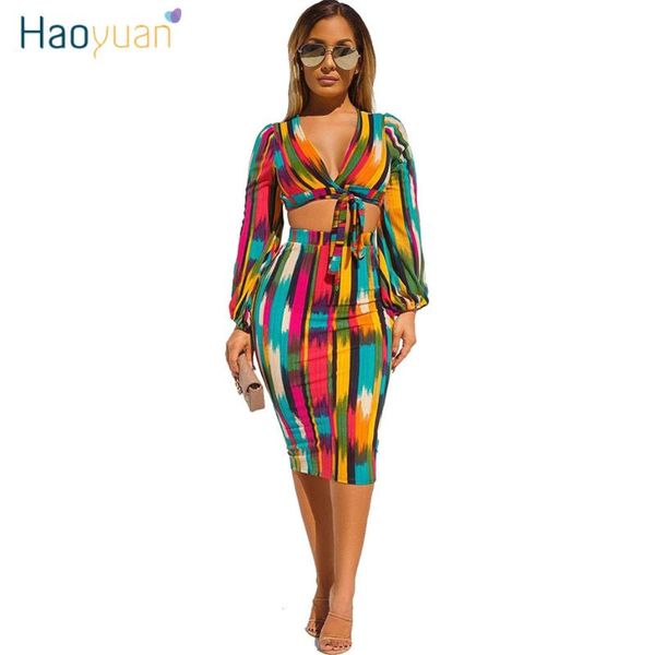 

haoyuan sexy tie dye полосатый two piece set женщины 2020 одежда с длинным рукавом crop top и юбка 2 шт клуб нижнее matching костюмы, White