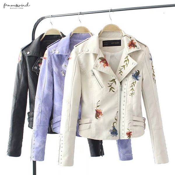 

embroidered rivet leather female spring motorcycle new short slim self-cultivation zipper jacket wild thin embroidery womens coat, Black;brown