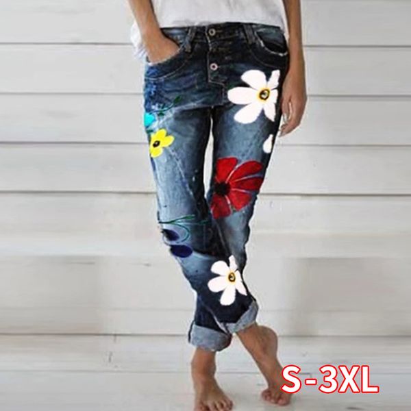 

women floral printed jeans studded casual ankle length straight pencil jeans high waist denim blue trousers
