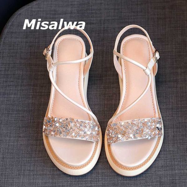 

misalwa 6cm sequined women platform sandals female high heels sandals summer lady sponge cake thick bottom wedge roman shoes, Black