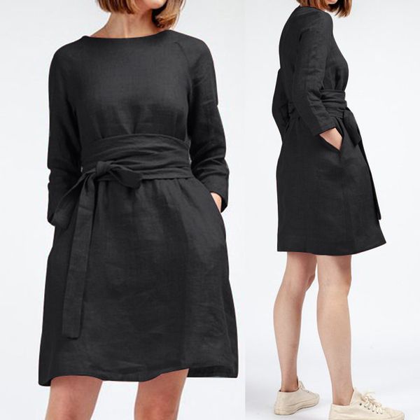 

celmia 2019 new women retro mini dress shirt linen sundress female 3/4 sleeve loose solid belted summer short vestidos oversized, Black;gray