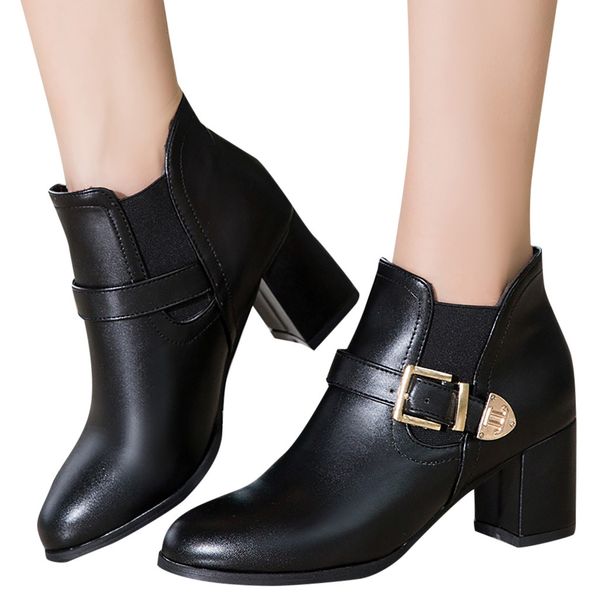 

leather boots women 2019 ladies solid wedges round toe women's shoes big sizes buckle mid heel boots shoes black ankle