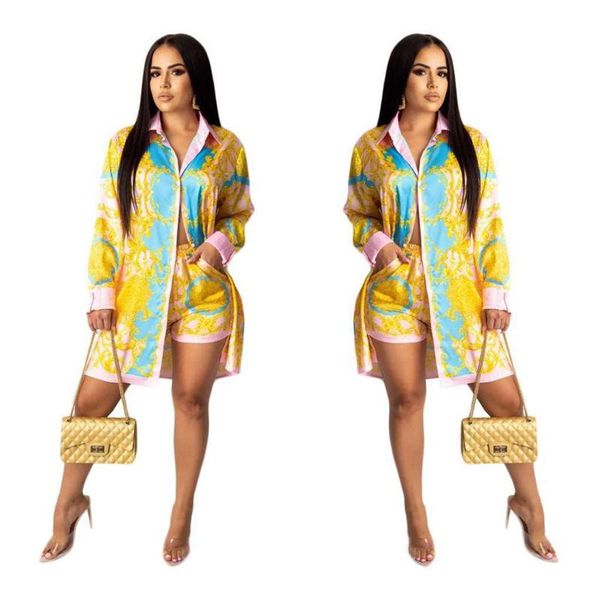 

цветочные печати женщины 2pcs наборы отворот шея однобортных женщин tracksuit с длинным рукавом повседневной женской одежды, Gray