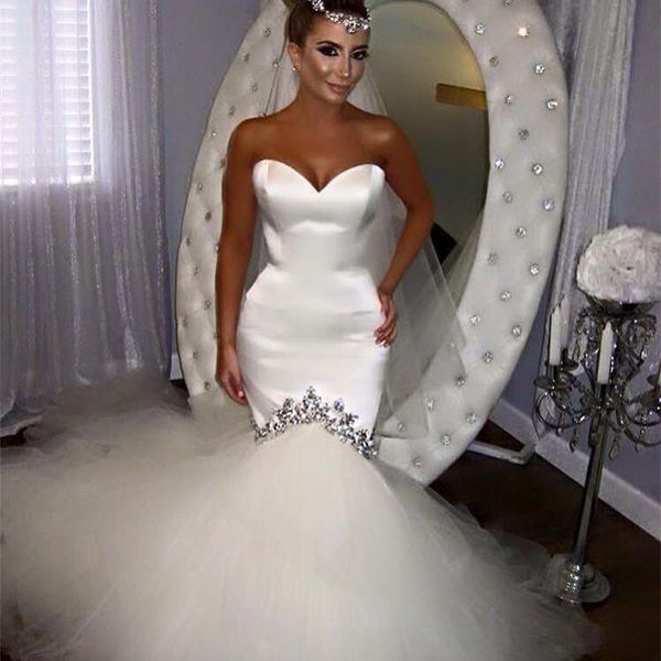 

Modest Arabic Mermaid Wedding Dresses 2019 Sweetheart Crystals Chapel Train Custom Made Garden Plus Size Country Bridal Gowns