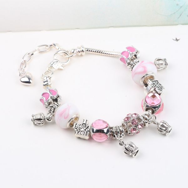 

pink blue crystal charm silver bracelets & bangles for women with murano beads silver bracelet femme jewelry, Black