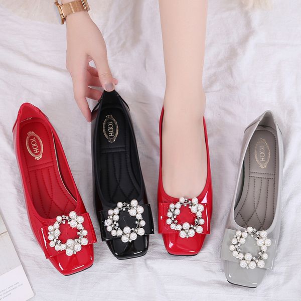 

wedding shoes female footwear shallow mouth square toe crystal patent leather ballet flats casual sneaker bride dress shoes, Black
