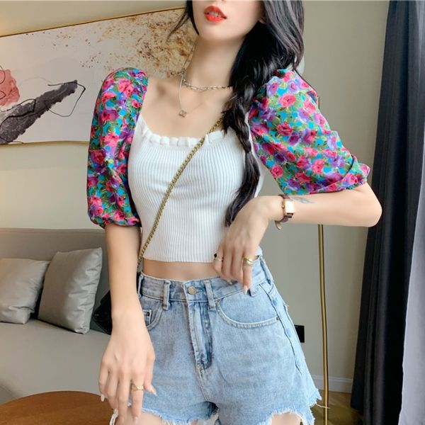 

short sleeve 2020 new womens summer fashion korean slim slimming square collar puff sleeve short t-shirt fashion, White