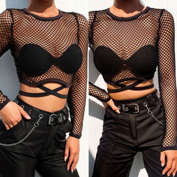 

new women long sleeve tees ladies see through bandage mesh fishnet crop t-shirt beach style sundress tees, White