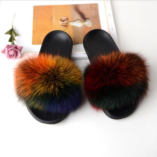 

большой полной fur горками лисицы обуви тапочки красочных меха лисица горки, Black
