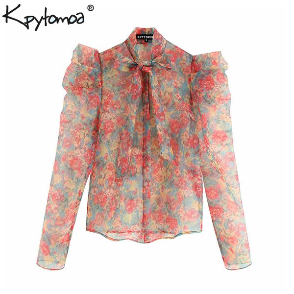 

vintage floral print ruffles organza women blouses 2019 fashion bow tie collar see through shirts casual blusas mujer, White