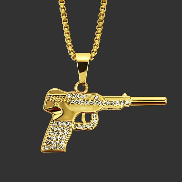 

fashion men's pistol gun pendant necklaces women personalized rhinestone gold long chain necklace men hip hop jewelry, Silver