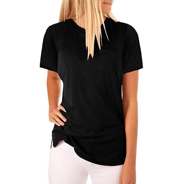 

2019 new women's summer o neck short sleeve blouse solid shirts with pocket, White