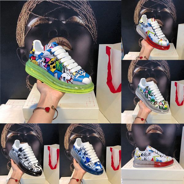 

2020 cushions graffiti shoes pattern crystal sole women men leather platform flat rubber sole casual shoe reflective vintage sneakers, Black