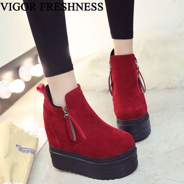 

vigor freshness shoes woman ankle boots 12cm heels platform boots autumn women shoes zip ladies height increasing wy135b, Black