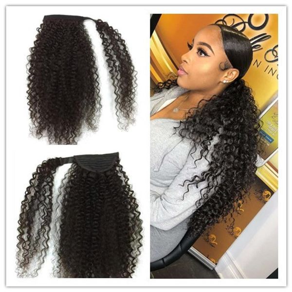 

diva natural curly ponytail hairpiece wraps drawstrin ponytail human hair extension clip in brazilian hair extension updo puff ponytail 160g, Black