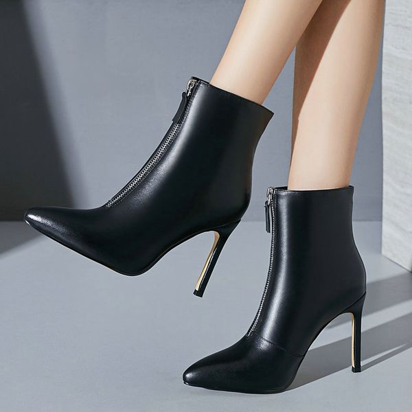 

black white thin heel ankle boots women fashion front zipper pointed toe short boots ladies genuine leather winter