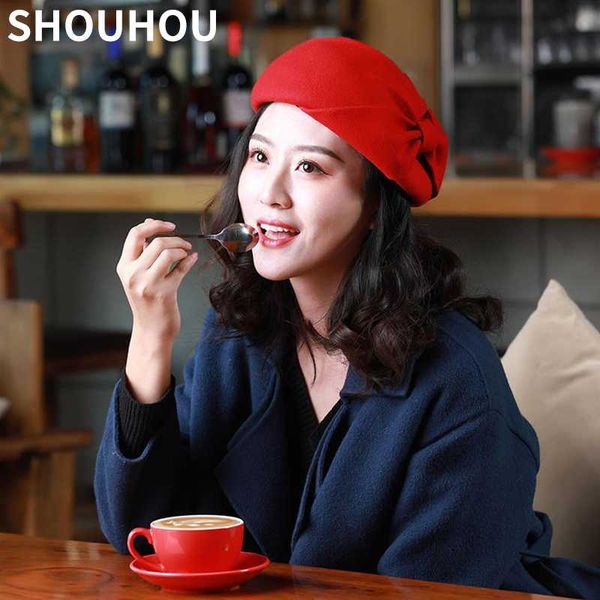 

shouhou 2020 new arrival women beret caps fashion girls solid hats for spring and autumn wool hats caps item 2307a, Blue;gray