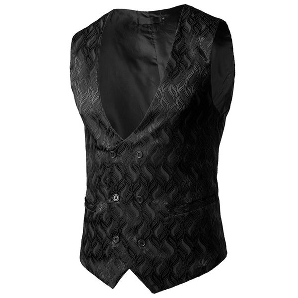 

mens gentleman formal slim fit double breasted dress suit vest 2018 fashion wave print wedding party waistcoat for business man, Black;white