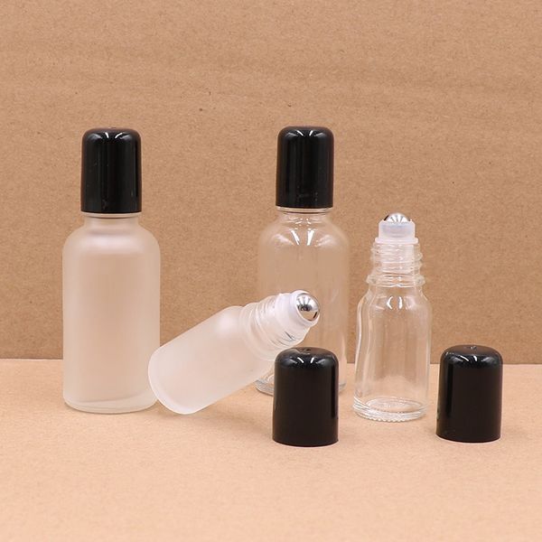 Garrafas de vidro fosco Essencial perfume Roll on garrafa de aço inoxidável Roller Ball bonés pretos 5ml a 100ml